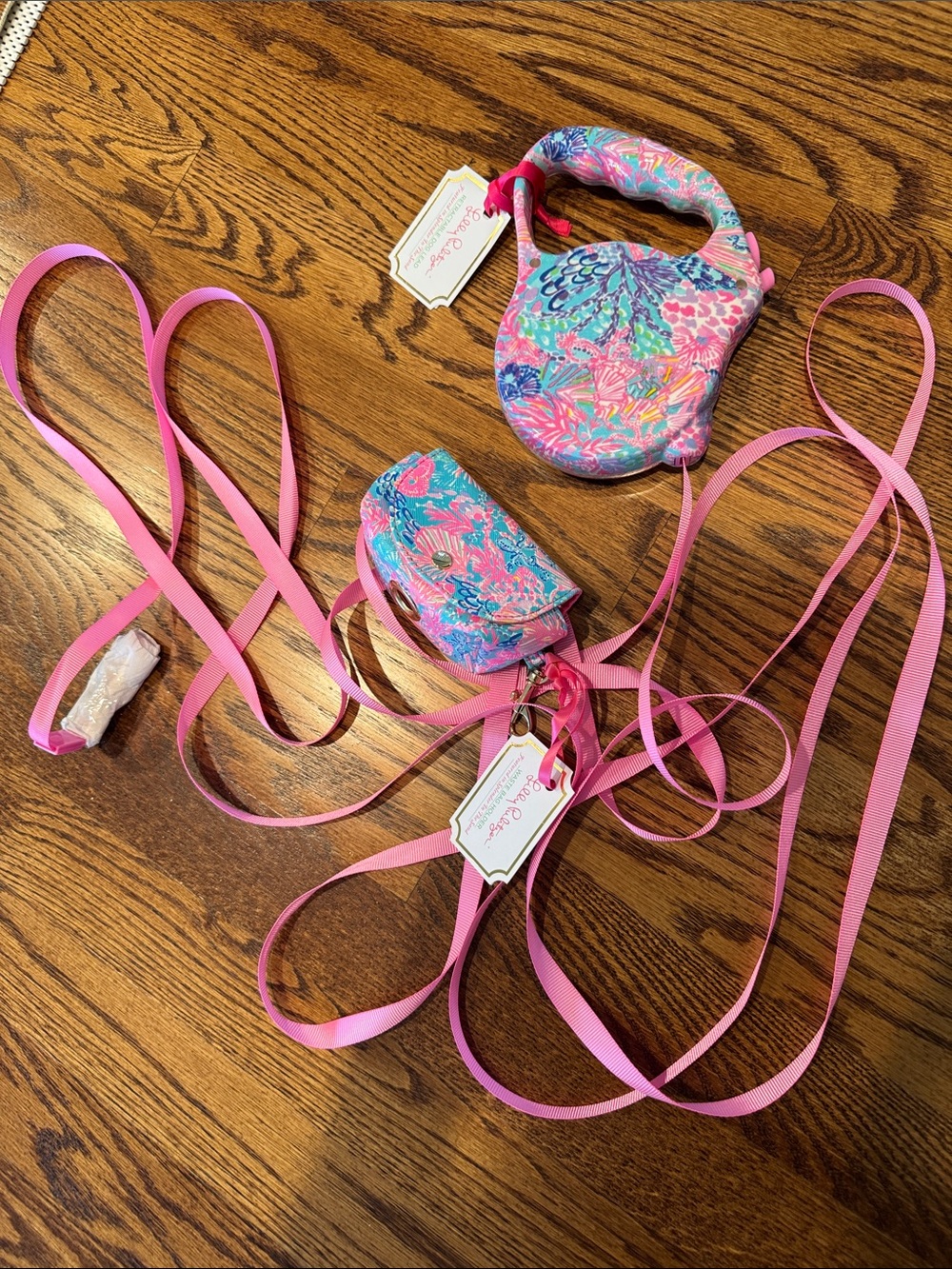 Lilly Pulitzer Pink & Aqua Floral Retractable Dog Leash with Waste Bag Holder - Picture 3 of 3